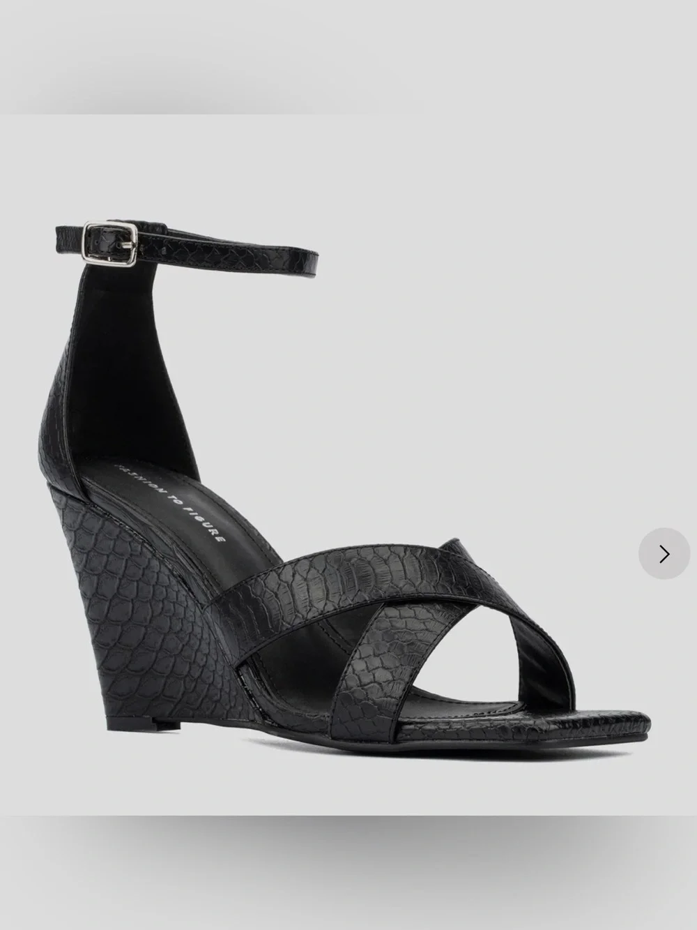 Fashion to Figure Marcie Black Croc-Texture Wedge Sandals with Ankle Strap 14 W